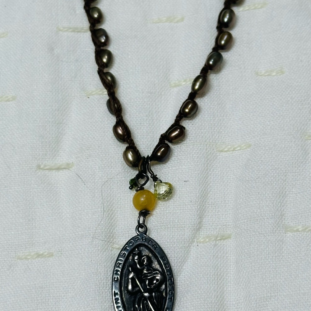 Elegant Brown and Yellow natural pearl Saint Christopher Necklace